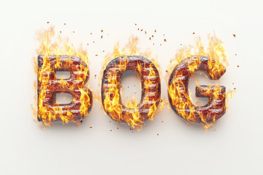 Three dimensional letters b o g engulfed in realistic flames and embers isolated on white background