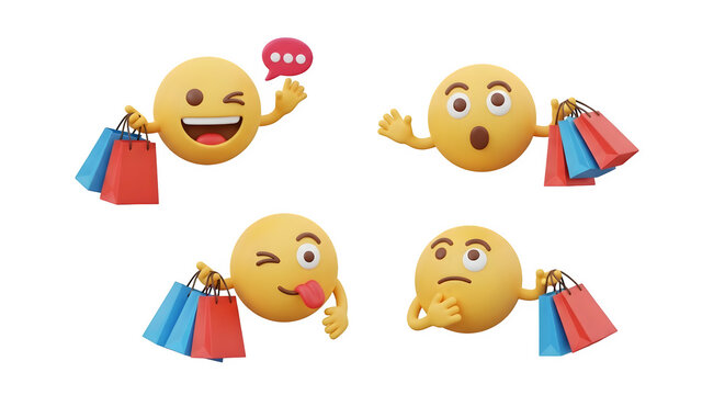 Shopping Emoji Expressions 3d rendered, isolated on white background