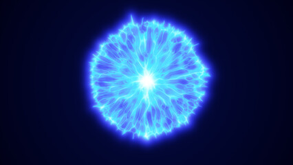 Poster - Bright electric blue sphere with fluid energy lines radiating outward on a dark background