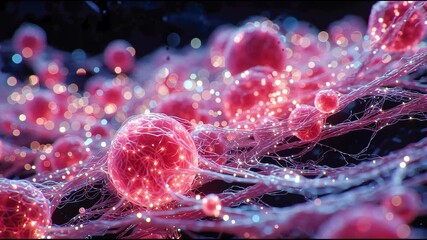 Fototapete - Futuristic depiction of glowing pink spheres connected by electric filaments in a dark environment, resembling a sci-fi biological or digital network