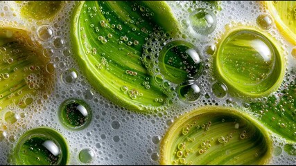 Poster - Close-up of green and yellow oil bubbles on a textured white surface with rich lighting and reflections