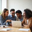 © Rasel69 - A diverse team of business professionals collaborates around a laptop, sharing ideas and strategies in a modern office setting, fostering a happy and successful work environment