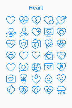 Collection of heart-shaped icons, including variations with arrows, plus signs, monitors, locks, houses, globes, and other symbols.