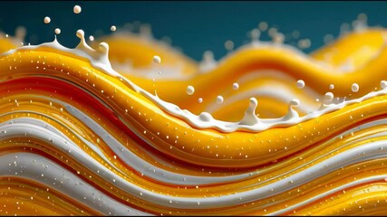 Poster - Vibrant yellow, red, and white creamy waves flow together, accented by suspended golden and white pearl-like droplets in a smooth, glossy texture