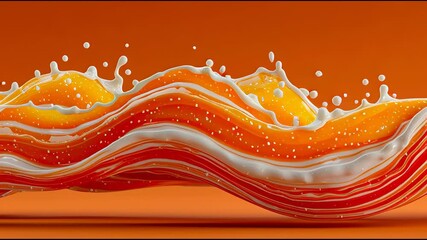 Poster - Dynamic splash of vibrant orange and creamy white liquid in motion against an orange background, capturing a burst of energy and freshness