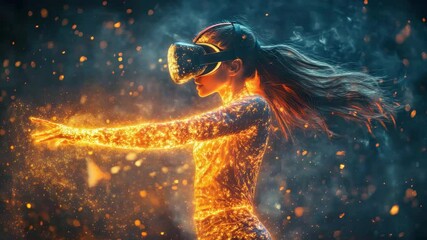 Poster - Immersive virtual reality experience with glowing effects and motion captured in a digital landscape
