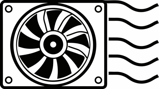 Black and white icon of a computer fan with airflow lines