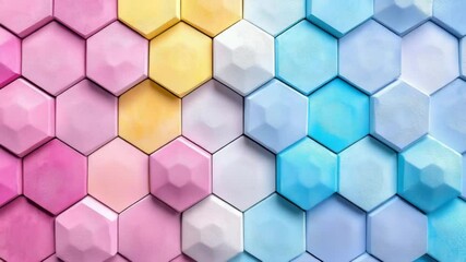 Poster - Colorful hexagonal tiles arranged in a beautiful pattern showcasing pastel shades and geometrical designs in a modern space