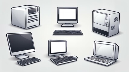 Fototapete - Illustration showing various computer setups including desktops and server units on white
