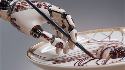 Leinwandbilder - A robot hand decorating dessert with chocolate sauce on a white plate with gold trim detail