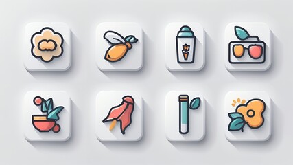 Fototapete - Illustration of flower lemon smoothie sunglasses plant flag tube and another flower icons set up