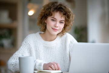 Poster - Young woman focusing on laptop while smiling warmly in stylish home office. Bright, inviting ambiance with soft textures and personal touches. Concept of remote work, comfort, productivity