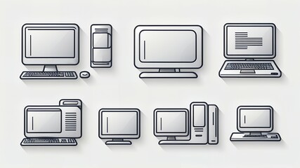 Fototapete - Illustration of various computer setups including desktops and laptops on white background