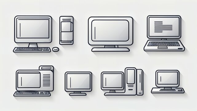 Illustration of various computer setups including desktops and laptops on white background