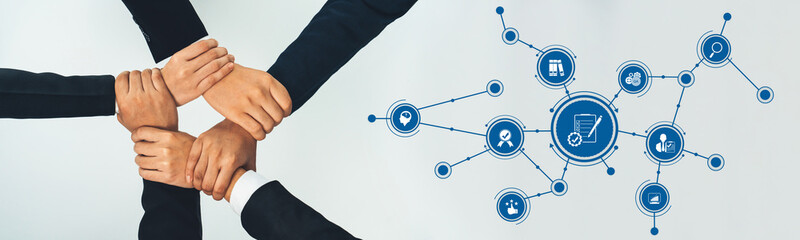 Poster - A visual representation of collaboration featuring diverse hands joining together against a light background, with digital icons illustrating connectivity and innovation. Amity