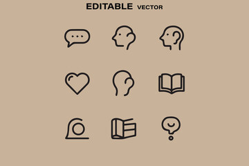 Poster - Collection of simple line icons representing communication thought emotion learning and ideas on a neutral background