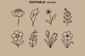 Poster - Collection of eight simple black outline floral illustrations on a beige background editable vector art