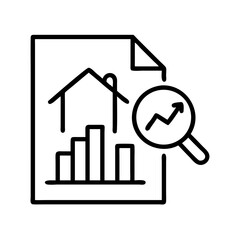 Poster - Real estate market analysis report with house price growth chart and magnifying glass icon symbol
