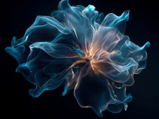 Poster - Digital rendering of a dynamic, swirling smoke-like alien flower in dark background, hyper-realistic, volumetric light, blue tones, wisps and tendrils, science fiction or cosmic theme - AI-Generated