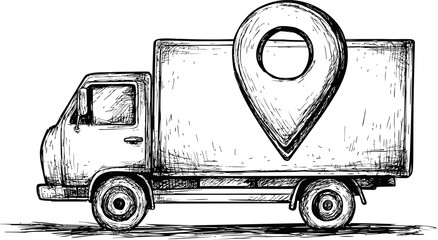 Poster - Black and white sketch of a delivery truck with a location pin symbol drawn