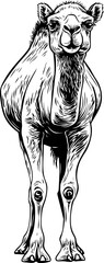 Poster - Black and white illustration of a standing camel in stylized line art