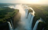 Breathtaking Aerial View of Victoria Falls from a Helicopter Ride in Zambia/Zimbabwe with Lush Greenery and Stunning Bokeh Effect Capturing the Essence of Nature's Majesty. High quality