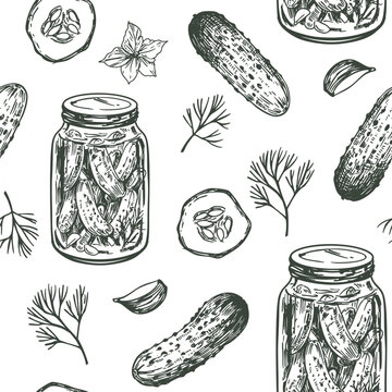 Pickles, cucumbers in a jar, seamless pattern, hand drawn sketch, realistic vector illustration