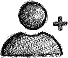 Poster - Scribbled person icon with a plus sign in black and white illustration