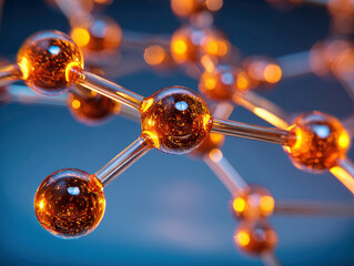 Poster - Close-up of complex carbon molecular structure against a blue gradient, highlighted by orange light Sharp focus on intricate atomic connections - AI-Generated