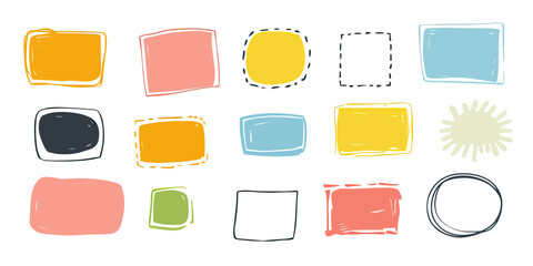 Poster - Set of colorful hand drawn doodle frames and shapes including rectangles, squares, circles, ovals, and splatter design with brush stroke style outlines for text borders and accents