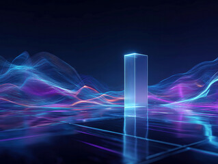 Poster - Futuristic scene with a floating obelisk-like structure, illuminated in shades of blue, purple, and pink The background is dark space contrasted by abstract digital effects resembling - AI-Generated