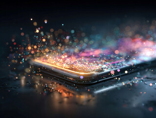 Poster - Close-up shot of a glowing smartphone with colorful particles, set against a dark background Highly detailed, stylistic, cinematic studio image showcasing an artistic representation of - AI-Generated