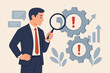 © Clara - Analyze problem to fix process, solving business issue for smooth workflow. Project management, development concept. Businessman with magnifying glass inspecting system gears.