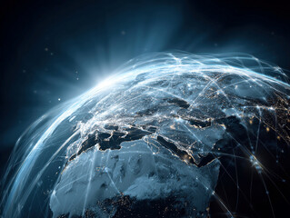 Poster - Digital abstract representation of Earth, stylized as a globe with network lines and connections overlaid Cool blue tones dominate, with bright light source from top right No visible - AI-Generated