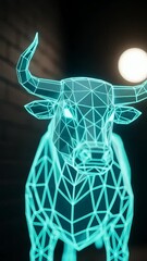 Poster - Cyan bull, low-poly model, brick wall backdrop, soft light, symbolizes digital art, technology, strength, power, virtual reality