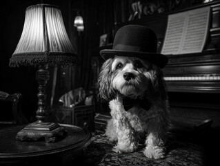 Poster - black and white photograph of a scruffy dog standing on hind legs in human attire bowler hat, neckti