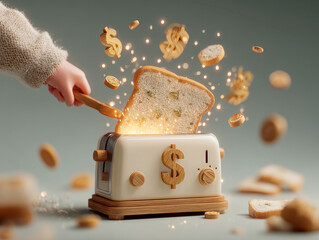 Poster - a surreal 3d conceptual scene shows a hand placing bread with 100 on toaster-slot machine, emitting 