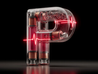 Poster - transparent 3d p letter filled with glowing, pulsing liquid on a black background inside is complex 