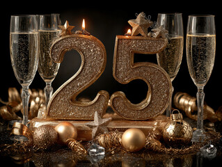 Aufkleber - golden number 25 surrounded by champagne glasses, confetti, and stars on black background, potential