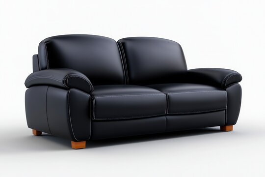 Modern black leather couch positioned on clean white background