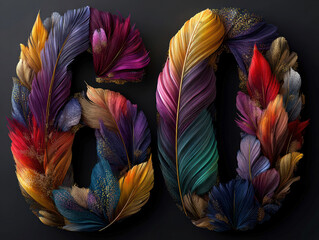  - 3D sculpture of number 60 made from fiery ribbons and soft velvet, surrounded by floating party feathers and shimmer, against a black backdrop Feathers form the words Fifty Years on a - AI-Generated