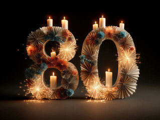 Aufkleber - a 3d paper fan sculpture of number 80 is illuminated by candles and fireworks, creating a warm, fest