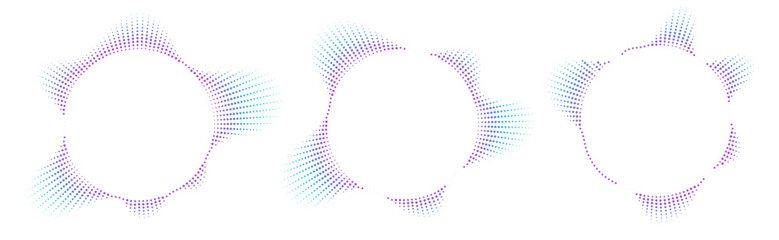 Sound equalizer icons with lines and dots, gradient neon circular sound wave frames, abstract radial music icons. Audio beat symbol concept isolated on white. Vector illustration.