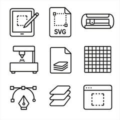 Digital Crafting Icons. Outline style icons of Digital Crafting: tablet with stylus, digital pattern file, Cricut cutter, laser