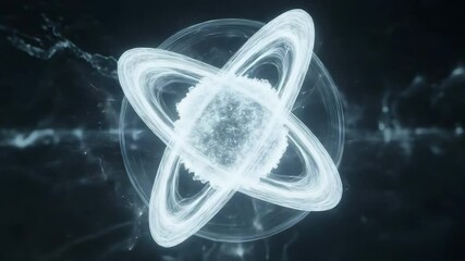 Poster - Elegant white flower with intricate petals set against a deep black background featuring an atom design