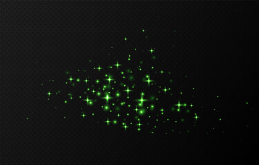 Green sparkling stars, shiny particles light effect, transparent flying stardust texture, abstract twinkle Christmas decoration. Vector illustration.