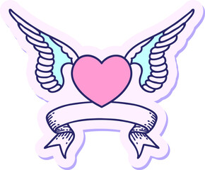 Wall Mural - tattoo style sticker with banner of a heart with wings in bright neon color