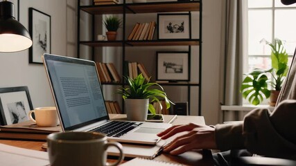 Poster - Person typing on laptop at stylish desk with plants and warm lighting. Bright and organized room setting with books and photographs. Concept of remote work, productivity, home office