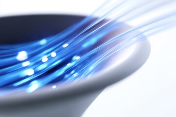 Poster - An abstract representation of a data funnel, with glowing lines flowing in, isolated on a pure white background. Data processing, lead generation.