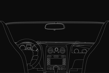 Poster - A black and white contour drawing of a car interior featuring a steering wheel, speedometer, and dashboard details. The dark background enhances the sleek, modern aesthetic.